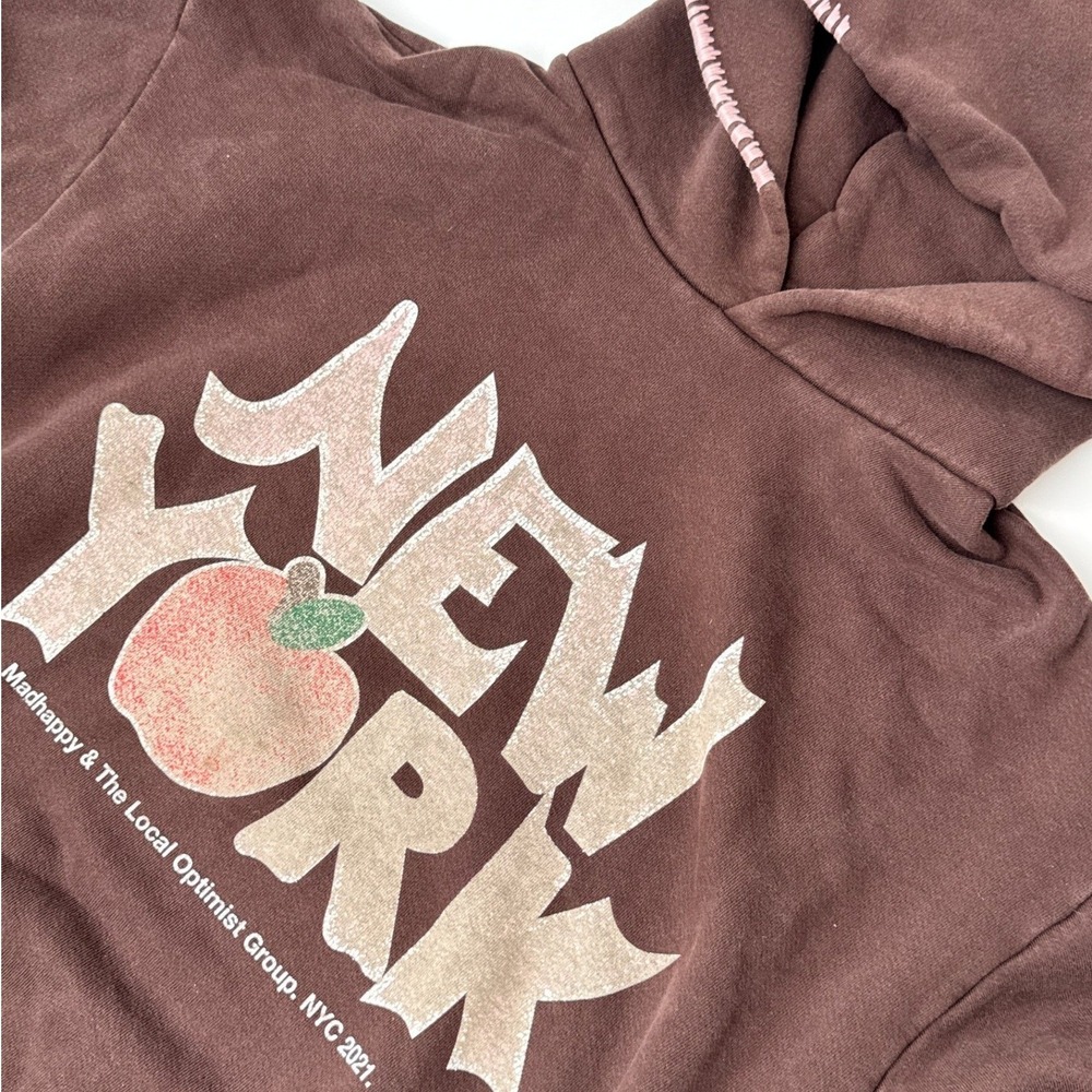 Madhappy The Local Optimist Group NYC 2021 Brown Hoodie Pink Blanket Stitch L